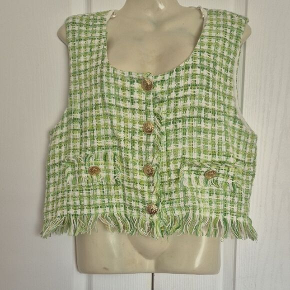 Zara Green and White Tweed Buttoned Blouse - Picture 4 of 16